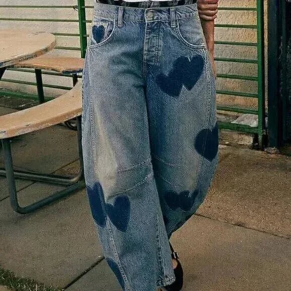 Heart Contrast Wide Leg Boyfriend Barrel Jeans Pants - Picture 3 of 4